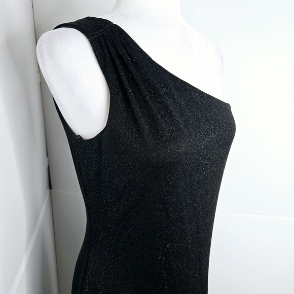 🎄 Arianna by Rachel Kaye EUC One Shoulder shimmery Dress 12 Black slant hem - Picture 6 of 16